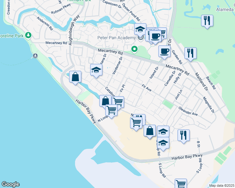 map of restaurants, bars, coffee shops, grocery stores, and more near 1160 Marianas Lane in Alameda