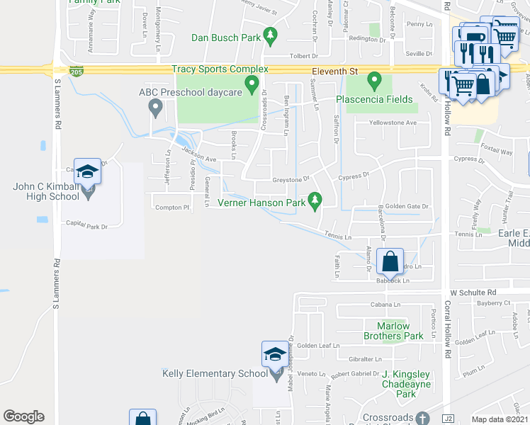 map of restaurants, bars, coffee shops, grocery stores, and more near 403 Riley Court in Tracy