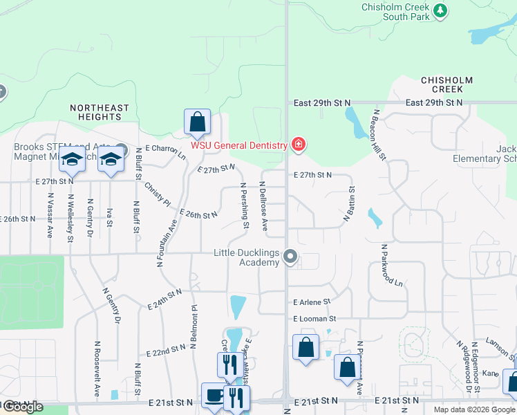map of restaurants, bars, coffee shops, grocery stores, and more near 2667 Dellrose in Wichita