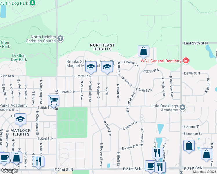 map of restaurants, bars, coffee shops, grocery stores, and more near 2716 Iva Street in Wichita