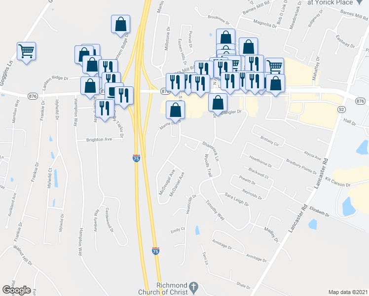 map of restaurants, bars, coffee shops, grocery stores, and more near 125 O Roark Avenue in Richmond