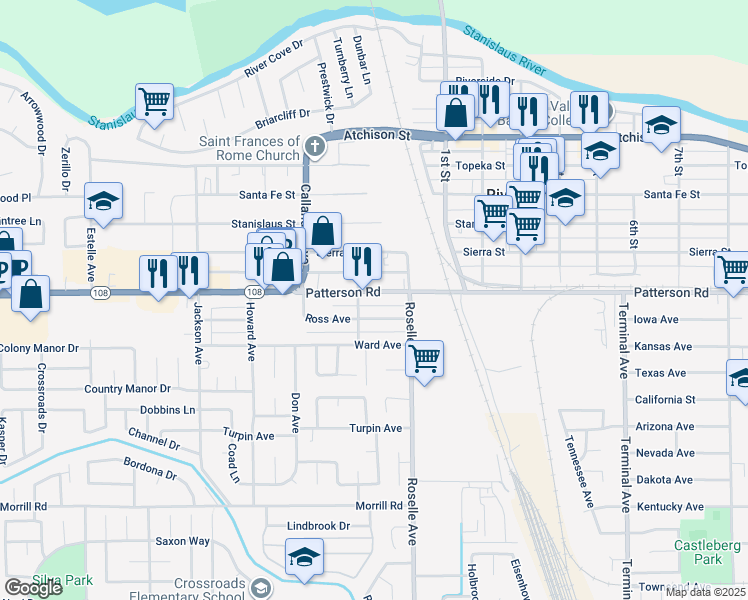 map of restaurants, bars, coffee shops, grocery stores, and more near 2916 Patterson Road in Riverbank