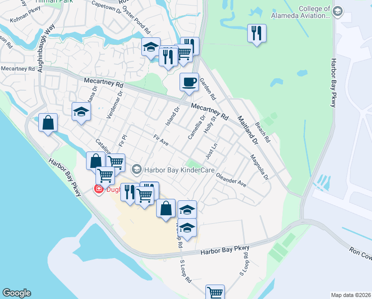 map of restaurants, bars, coffee shops, grocery stores, and more near 1080 Camellia Drive in Alameda