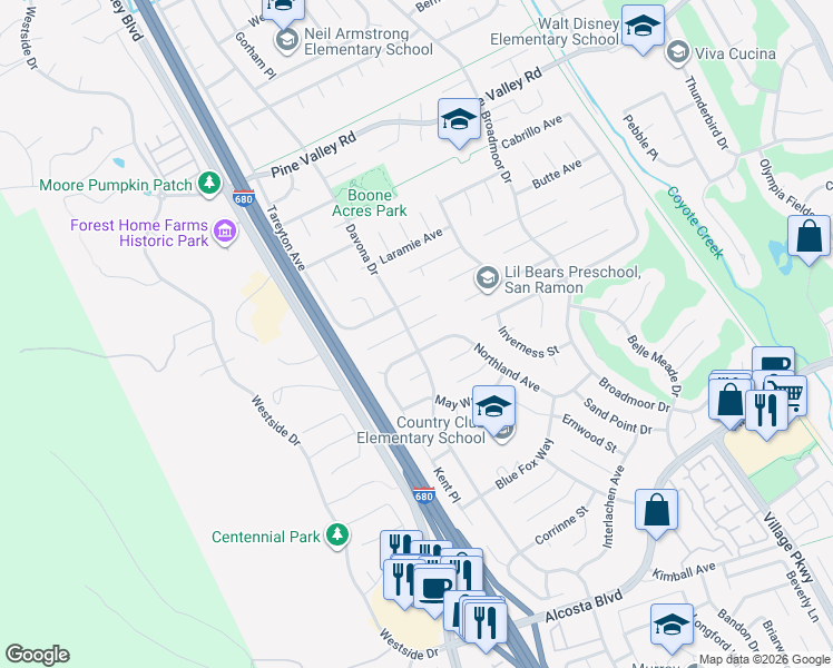 map of restaurants, bars, coffee shops, grocery stores, and more near 2854 Winthrop Avenue in San Ramon
