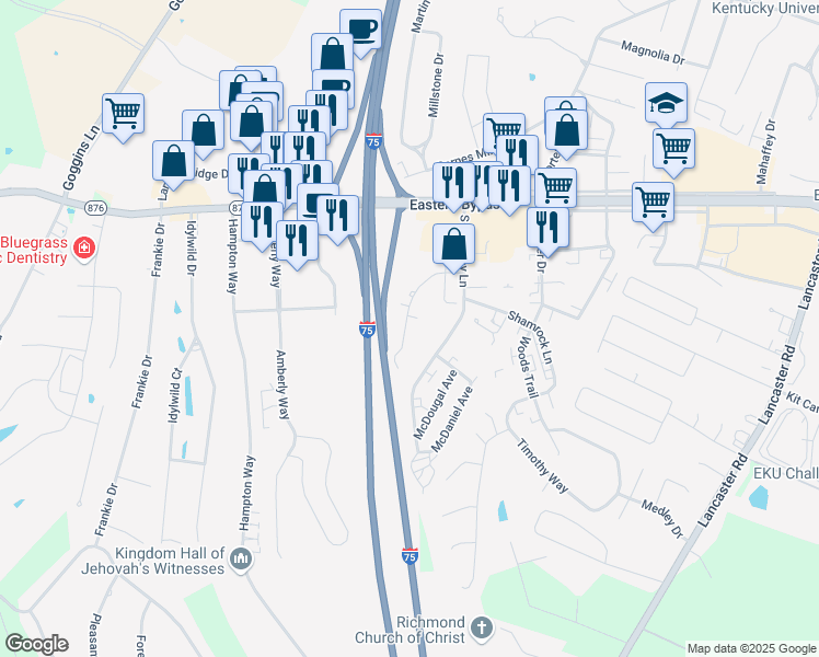 map of restaurants, bars, coffee shops, grocery stores, and more near 115 Manna Drive in Richmond