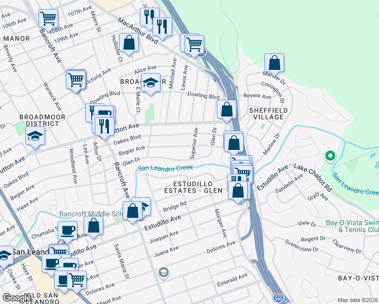 map of restaurants, bars, coffee shops, grocery stores, and more near 837 Superior Avenue in San Leandro