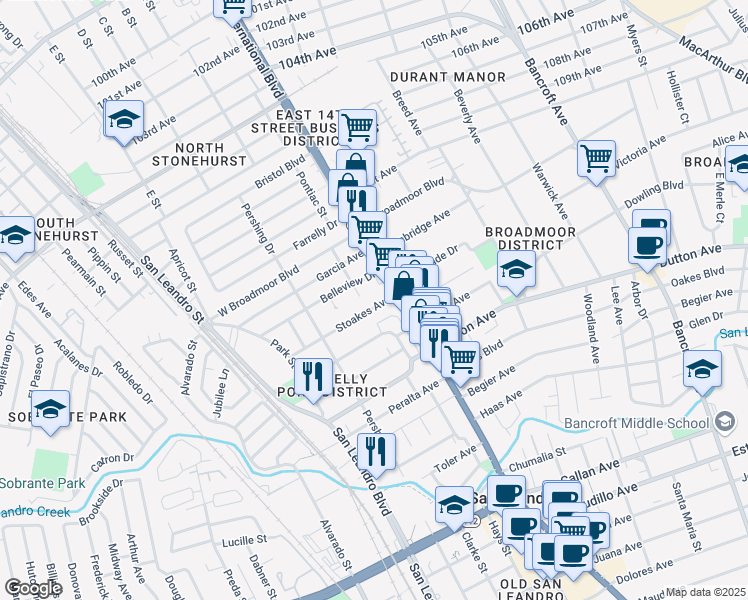 map of restaurants, bars, coffee shops, grocery stores, and more near 182 Stoakes Avenue in San Leandro