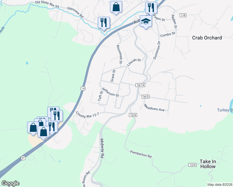 map of restaurants, bars, coffee shops, grocery stores, and more near 202 Jefferson St in Crab Orchard