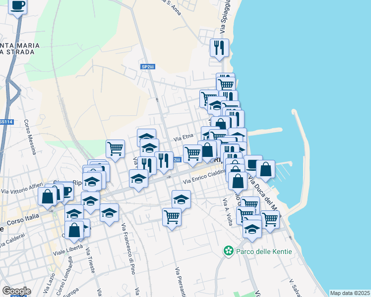 map of restaurants, bars, coffee shops, grocery stores, and more near 16 Via Luigi Capuana in Riposto