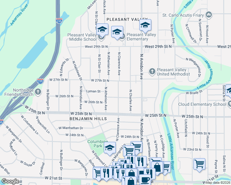 map of restaurants, bars, coffee shops, grocery stores, and more near 2719 North Clarence Avenue in Wichita