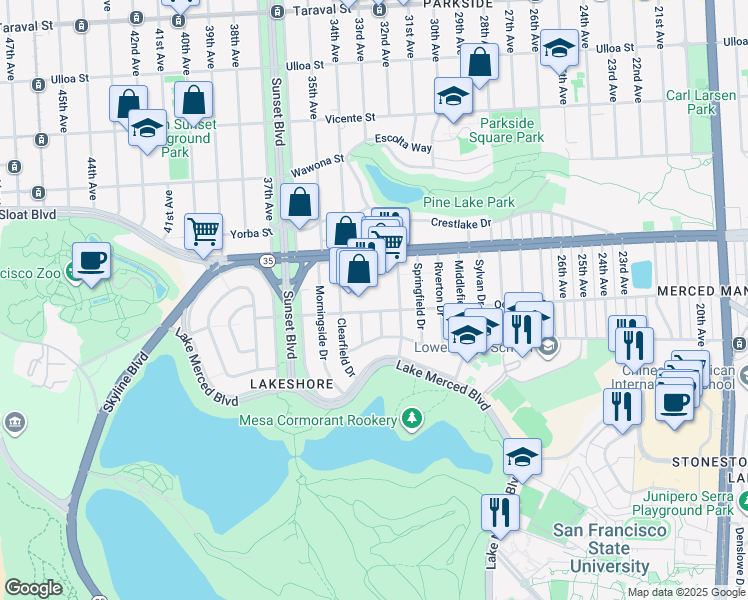 map of restaurants, bars, coffee shops, grocery stores, and more near 1523 Sloat Boulevard in San Francisco