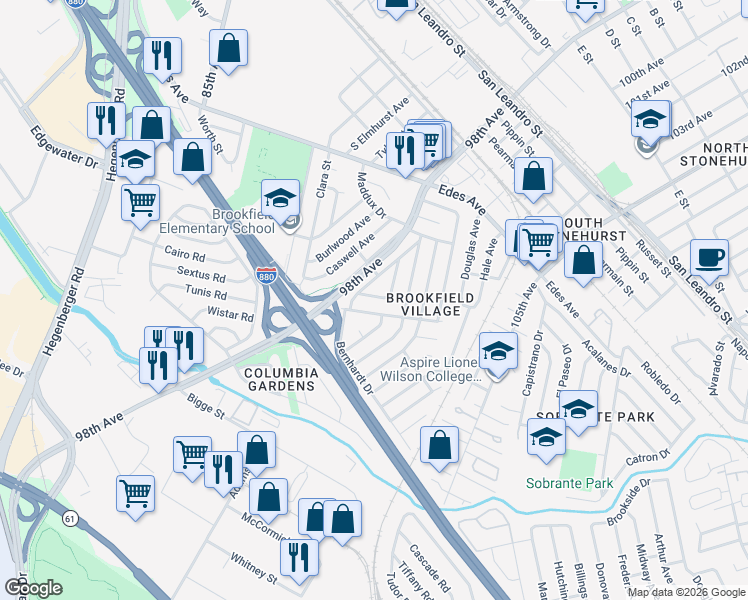 map of restaurants, bars, coffee shops, grocery stores, and more near 30 Eldridge Avenue in Oakland
