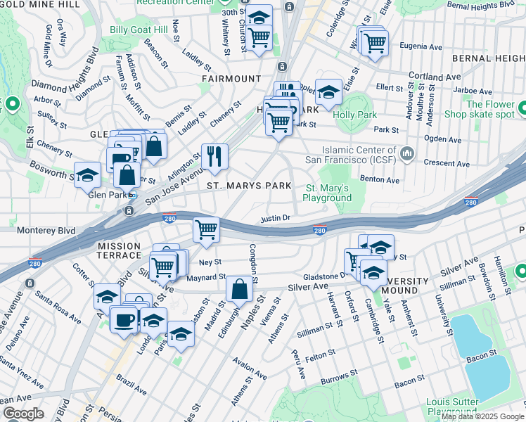 map of restaurants, bars, coffee shops, grocery stores, and more near 212 Genebern Way in San Francisco