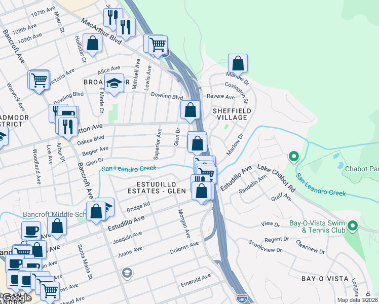 map of restaurants, bars, coffee shops, grocery stores, and more near 810 Saint Mary Avenue in San Leandro