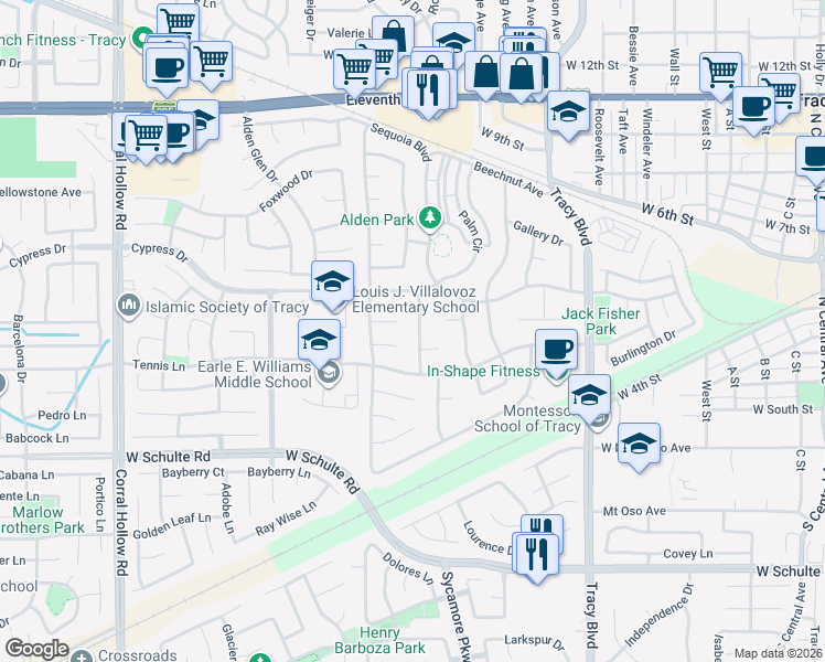 map of restaurants, bars, coffee shops, grocery stores, and more near 273 Redwood Avenue in Tracy
