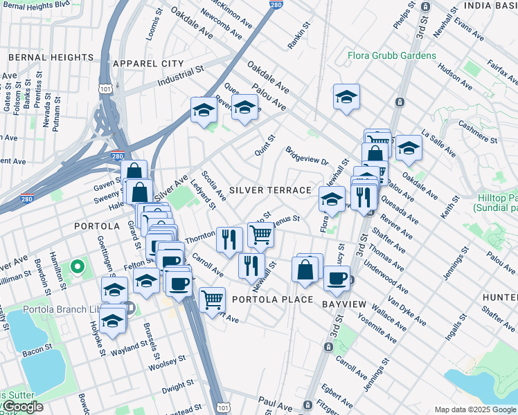 map of restaurants, bars, coffee shops, grocery stores, and more near 347 Bridgeview Drive in San Francisco