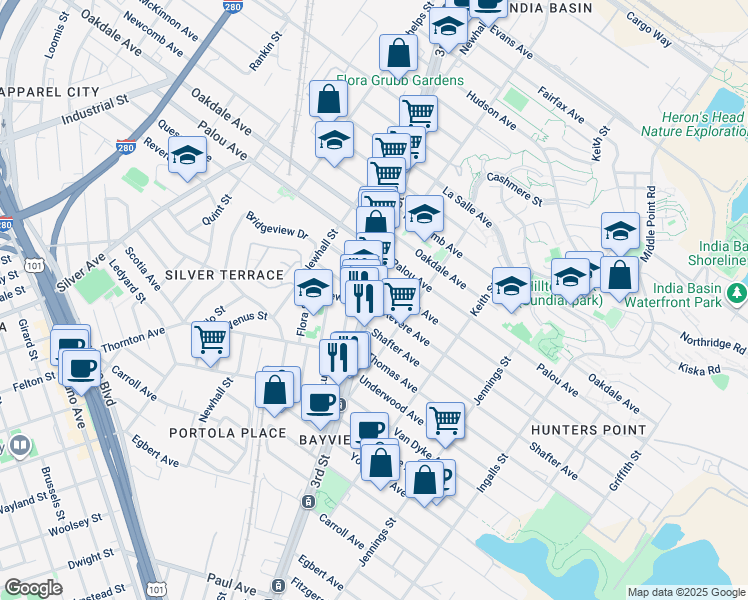 map of restaurants, bars, coffee shops, grocery stores, and more near 5075 3rd Street in San Francisco