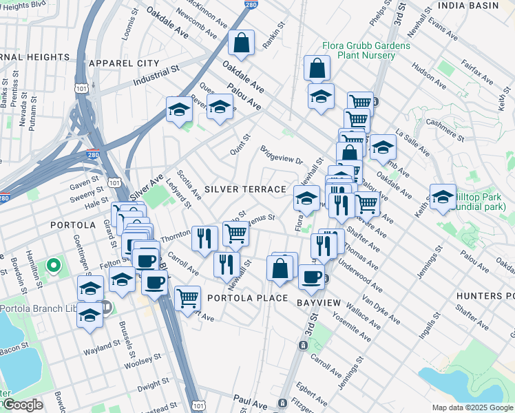 map of restaurants, bars, coffee shops, grocery stores, and more near 9a Apollo Street in San Francisco