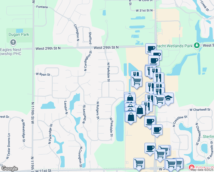 map of restaurants, bars, coffee shops, grocery stores, and more near 2723 North Parkdale Street in Wichita