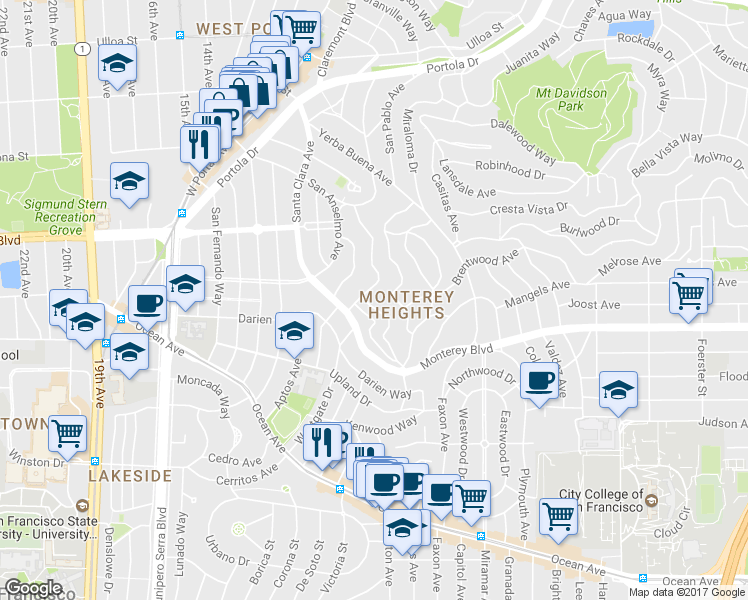 map of restaurants, bars, coffee shops, grocery stores, and more near 180 San Felipe Avenue in San Francisco