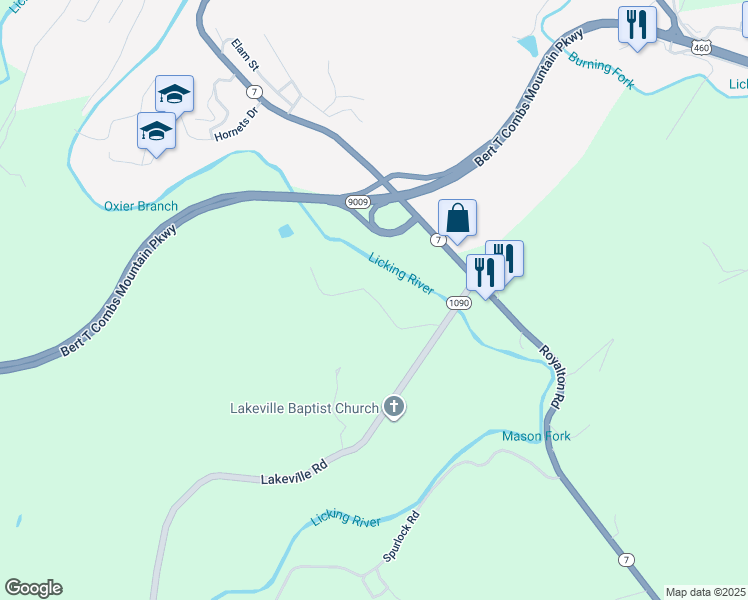 map of restaurants, bars, coffee shops, grocery stores, and more near John C Conley Road in Magoffin County