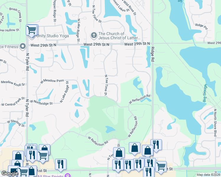 map of restaurants, bars, coffee shops, grocery stores, and more near 2650 North Tee Time Court in Wichita