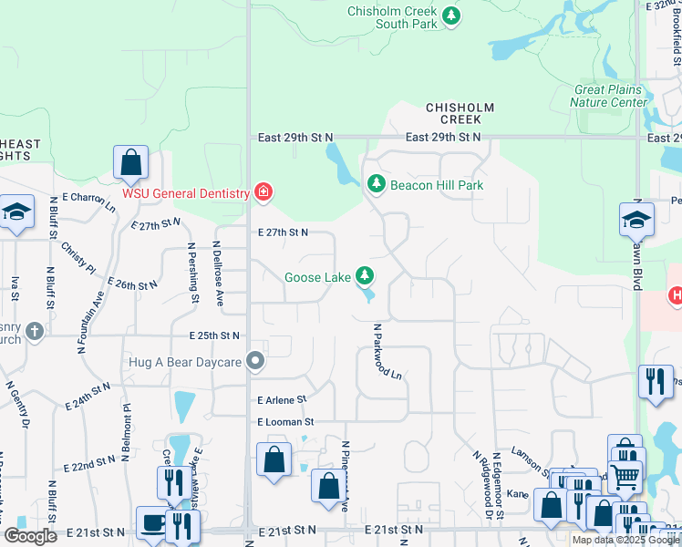 map of restaurants, bars, coffee shops, grocery stores, and more near 2704 North Battin Street in Wichita