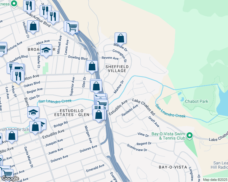 map of restaurants, bars, coffee shops, grocery stores, and more near 3074 Brookfield Avenue in Oakland