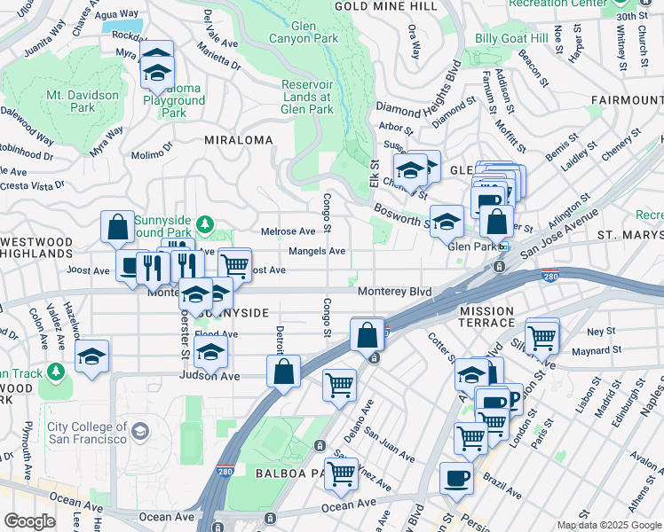 map of restaurants, bars, coffee shops, grocery stores, and more near 400 Congo Street in San Francisco