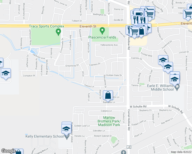 map of restaurants, bars, coffee shops, grocery stores, and more near 2332 Golden Gate Drive in Tracy