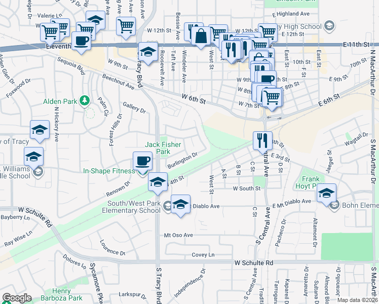 map of restaurants, bars, coffee shops, grocery stores, and more near 460 Tennis Lane in Tracy