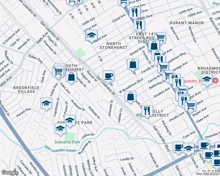 map of restaurants, bars, coffee shops, grocery stores, and more near 11047 Apricot Street in Oakland