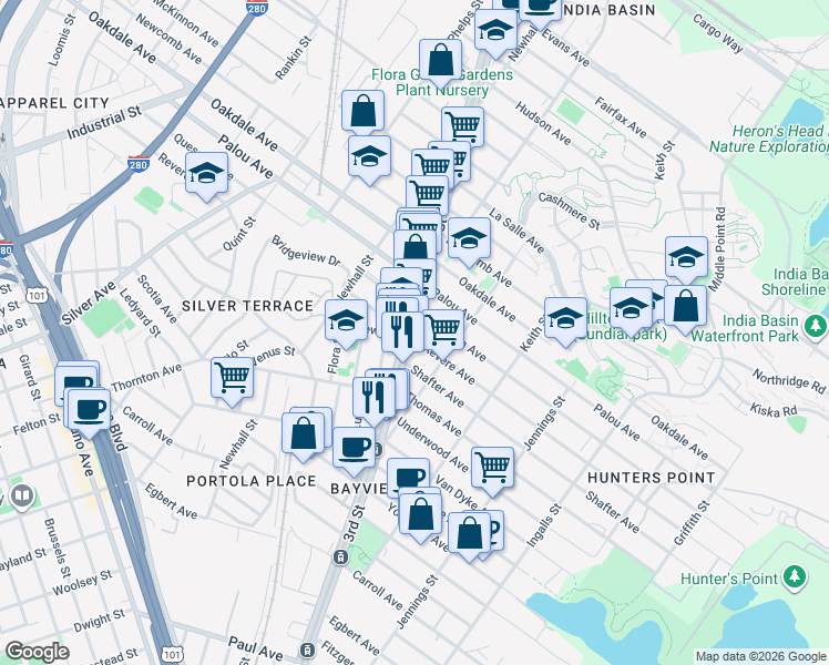 map of restaurants, bars, coffee shops, grocery stores, and more near in San Francisco