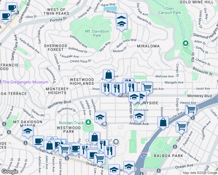 map of restaurants, bars, coffee shops, grocery stores, and more near 756 Joost Avenue in San Francisco