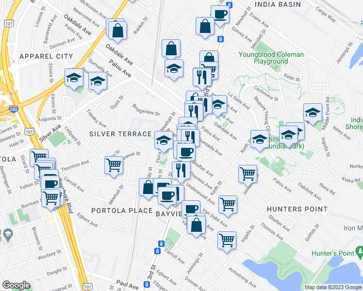 map of restaurants, bars, coffee shops, grocery stores, and more near Bayview St & Latona St in San Francisco