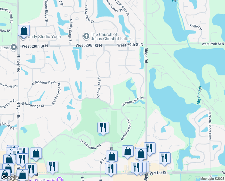 map of restaurants, bars, coffee shops, grocery stores, and more near 2706 North Spring Meadow Street in Wichita