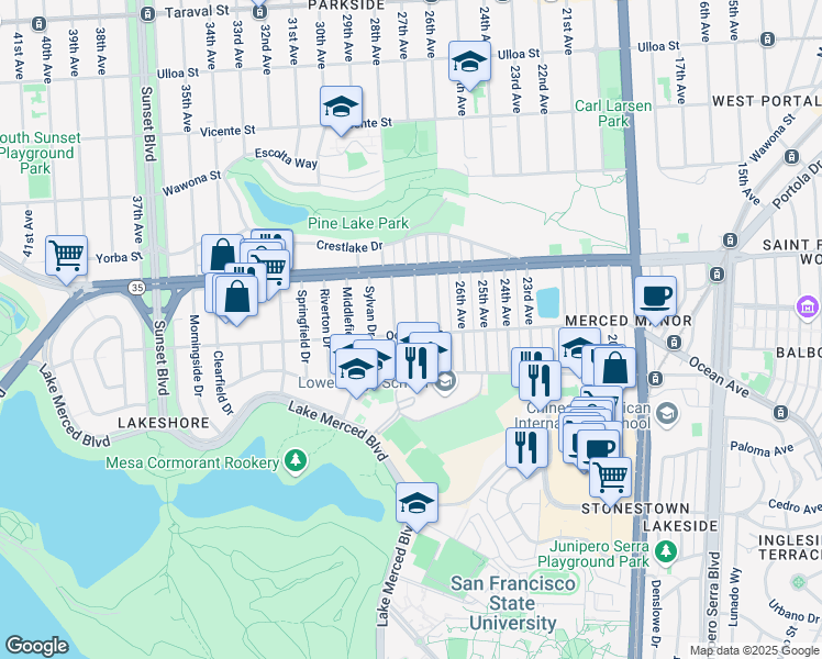 map of restaurants, bars, coffee shops, grocery stores, and more near 3600 Ocean Avenue in San Francisco