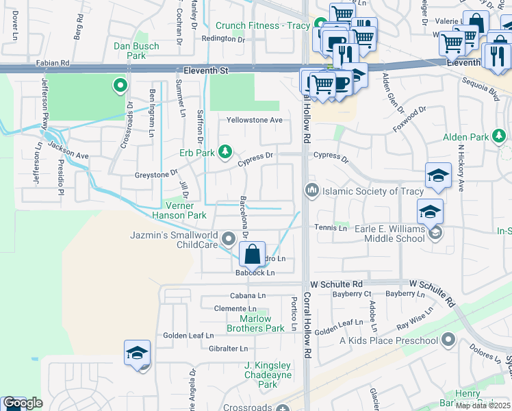 map of restaurants, bars, coffee shops, grocery stores, and more near 2172 Golden Gate Drive in Tracy