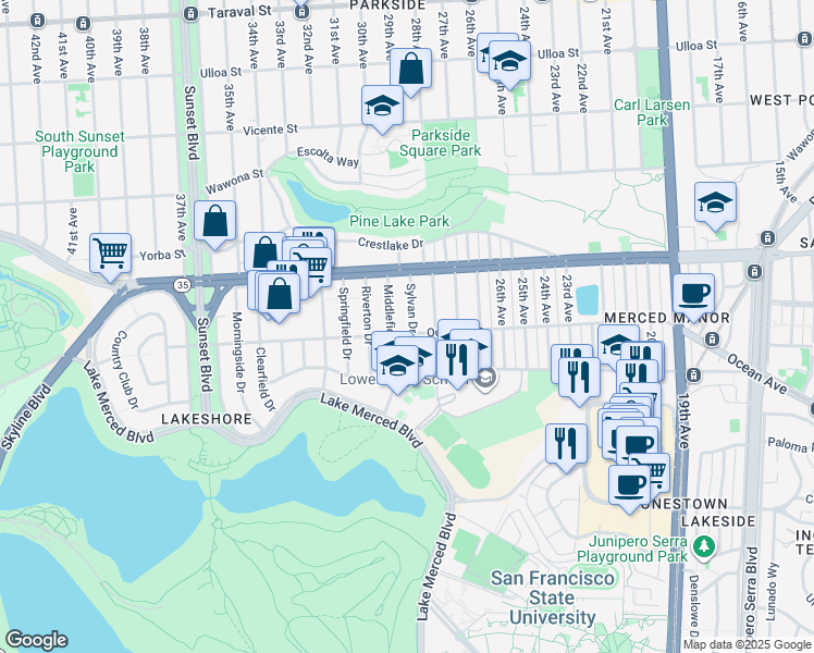 map of restaurants, bars, coffee shops, grocery stores, and more near 91 Sylvan Drive in San Francisco
