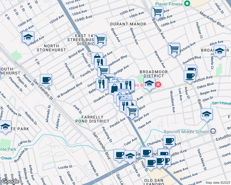 map of restaurants, bars, coffee shops, grocery stores, and more near 452 East 14th Street in San Leandro