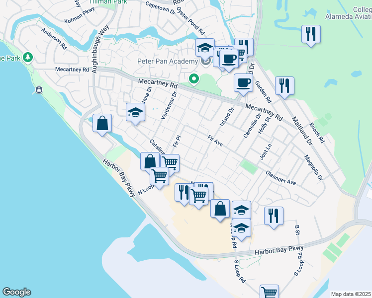map of restaurants, bars, coffee shops, grocery stores, and more near 3170 Phoenix Lane in Alameda
