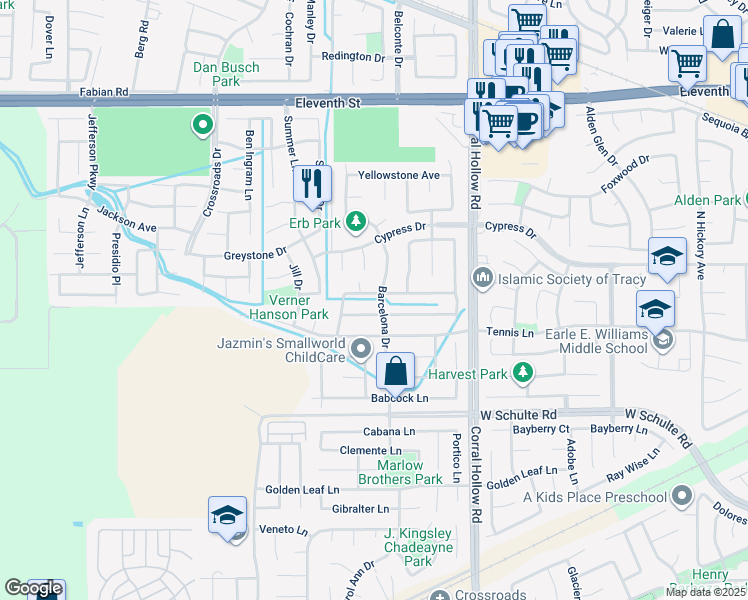 map of restaurants, bars, coffee shops, grocery stores, and more near 427 Barcelona Drive in Tracy