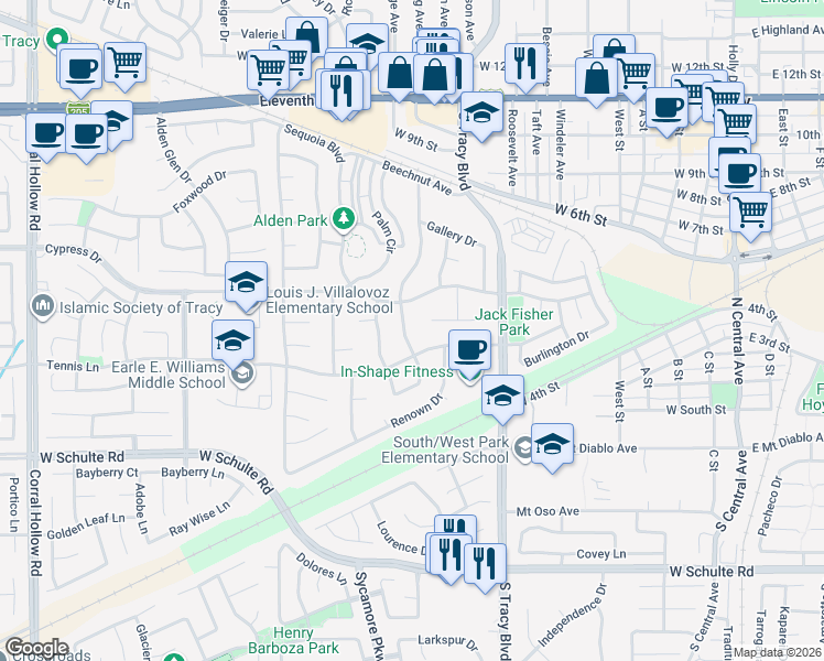 map of restaurants, bars, coffee shops, grocery stores, and more near 270 Forest Hills Drive in Tracy