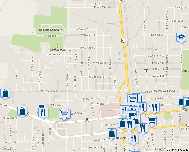 map of restaurants, bars, coffee shops, grocery stores, and more near 499 W Chestnut St in Carbondale