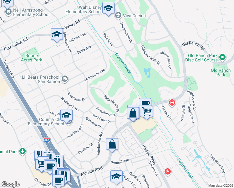 map of restaurants, bars, coffee shops, grocery stores, and more near 128 Belle Meade Place in San Ramon