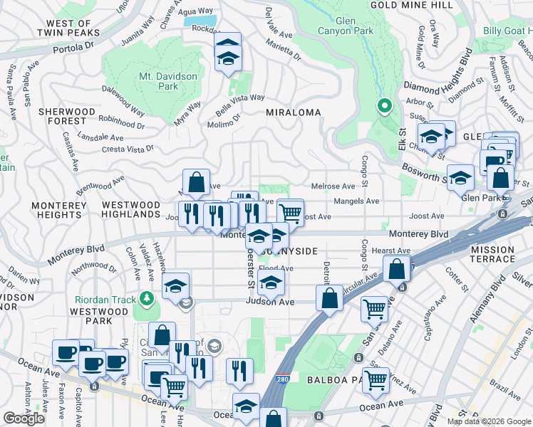 map of restaurants, bars, coffee shops, grocery stores, and more near 558 Joost Avenue in San Francisco