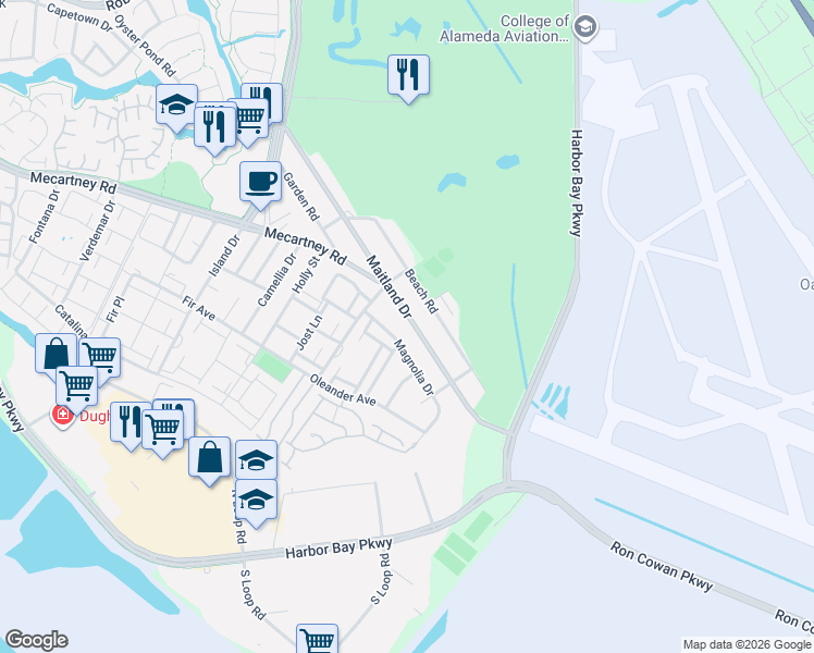 map of restaurants, bars, coffee shops, grocery stores, and more near 306 Maitland Dr in Alameda