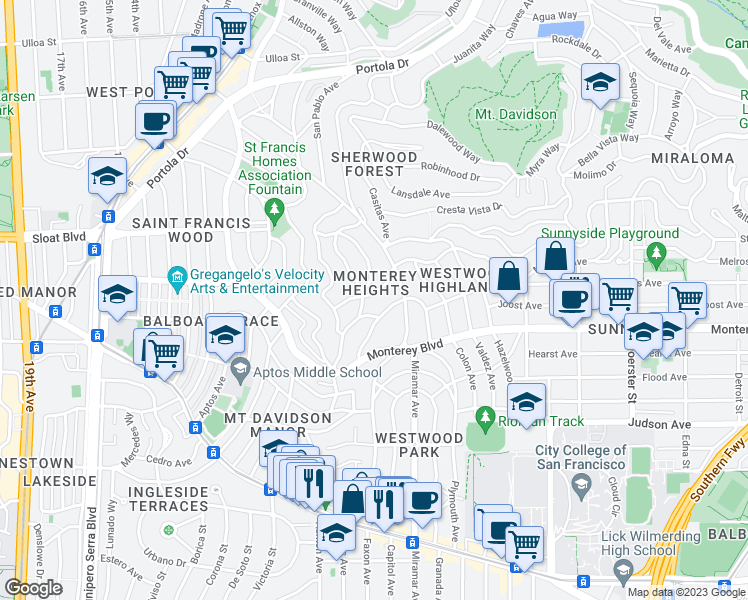 map of restaurants, bars, coffee shops, grocery stores, and more near 283 Brentwood Avenue in San Francisco