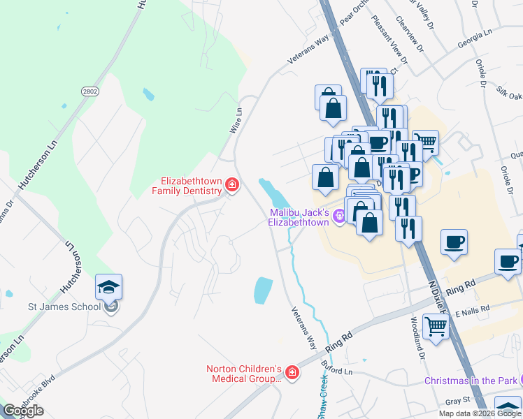 map of restaurants, bars, coffee shops, grocery stores, and more near Veterans Way in Elizabethtown