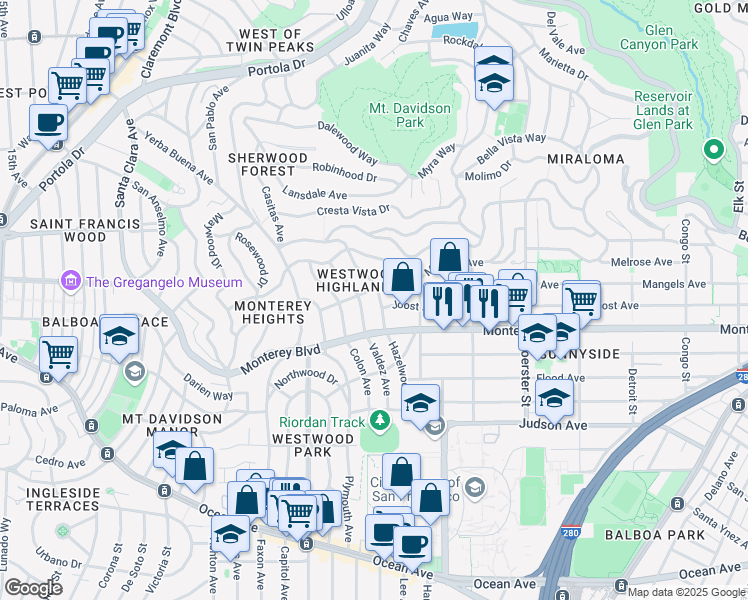 map of restaurants, bars, coffee shops, grocery stores, and more near 281 Hazelwood Avenue in San Francisco
